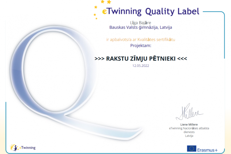 eTwinning projekts “Rakstu zīmju pētnieki” iegūst kvalitātes sertifikātu