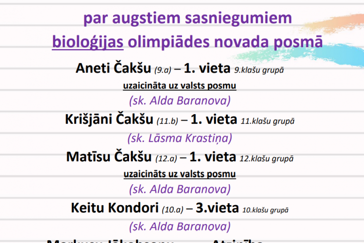 Apsveicam par augstiem sasniegumiem bioloģijas olimpiādē