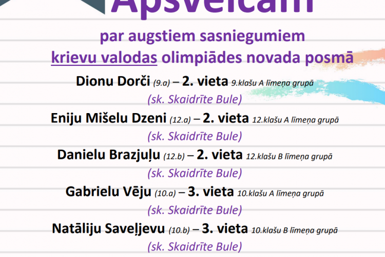 Apsveicam par augstiem sasniegumiem krievu valodas olimpiādes novada posmā
